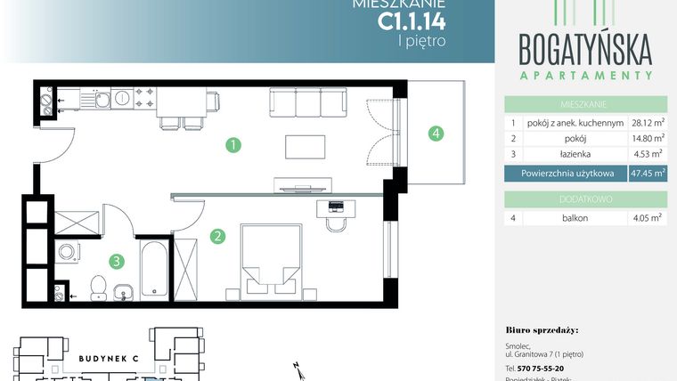 Rzut - Mieszkanie na sprzedaż 2 pokoje o powierzchni 47,45 m² - numer C1.1.14 w Bogatyńska Apartamenty etap 3