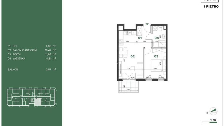 Rzut - Mieszkanie na sprzedaż 2 pokoje o powierzchni 40,8 m² - numer 26 w Przewóz Solar Garden