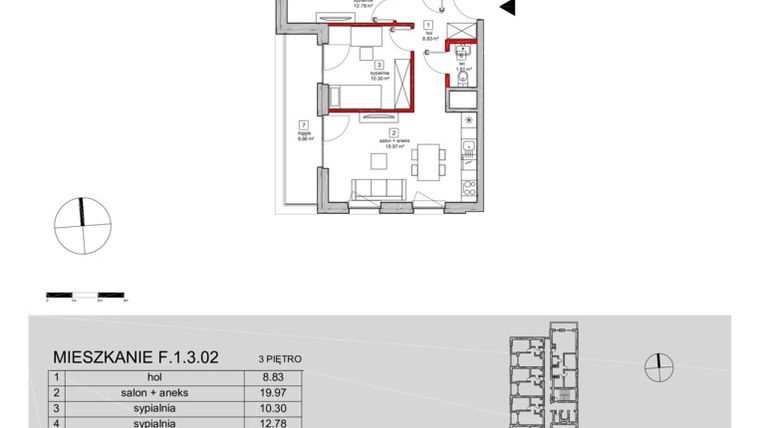 Rzut - Mieszkanie na sprzedaż 3 pokoje o powierzchni 61,01 m² - numer F.1.3.02 w ATAL SKY+ bud. D-F