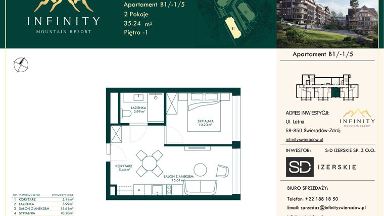 Rzut - Mieszkanie na sprzedaż 2 pokoje o powierzchni 35,24 m² - numer B1/-1/5 w Infinity Mountain Resort etap 2