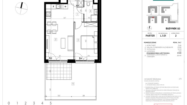 Rzut - Mieszkanie na sprzedaż 2 pokoje o powierzchni 41,6 m² - numer L.1.01 w CityFlow etap II
