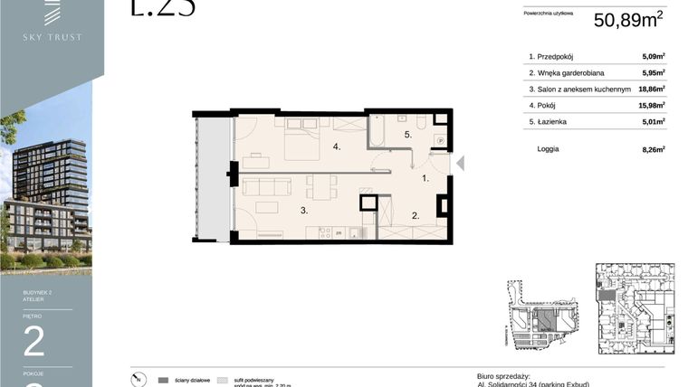 Rzut - Mieszkanie na sprzedaż 2 pokoje o powierzchni 50,89 m² - numer L25 w Sky Trust etap II - apartamenty inwestycyjne 23% VAT PRS