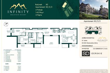Rzut - Mieszkanie na sprzedaż 4 pokoje o powierzchni 142,96 m² - numer B3.3.2 w Infinity Mountain Resort