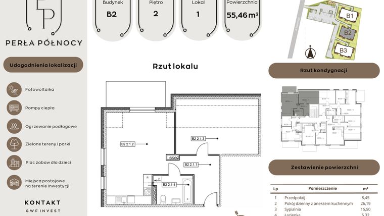 Rzut - Mieszkanie na sprzedaż 2 pokoje o powierzchni 55,46 m² - numer B2.2_1 w Perła Północy etap 2