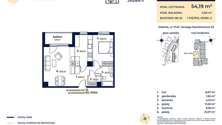 Rzut - Mieszkanie na sprzedaż 2 pokoje o powierzchni 54,19 m² - numer B2_1M04 w Kaskada Jasień - etap II