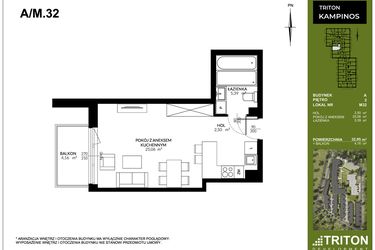 Rzut - Mieszkanie na sprzedaż 1 pokój o powierzchni 32,95 m² - numer A_M32 w Triton Kampinos III