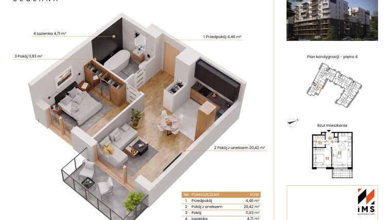 Rzut - Mieszkanie na sprzedaż 2 pokoje o powierzchni 41,45 m² - numer D.4.2 w Rondo Ceglana etap II