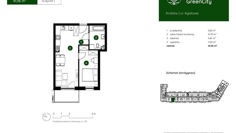 Rzut - Mieszkanie na sprzedaż 2 pokoje o powierzchni 41,96 m² - numer 1.A.2.05 w Murapol GreenCity bud. 1