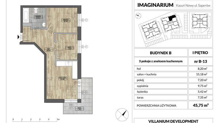 Rzut - Mieszkanie na sprzedaż 3 pokoje o powierzchni 45,75 m² - numer 13 w Imaginarium Kazuń Nowy - bud. B