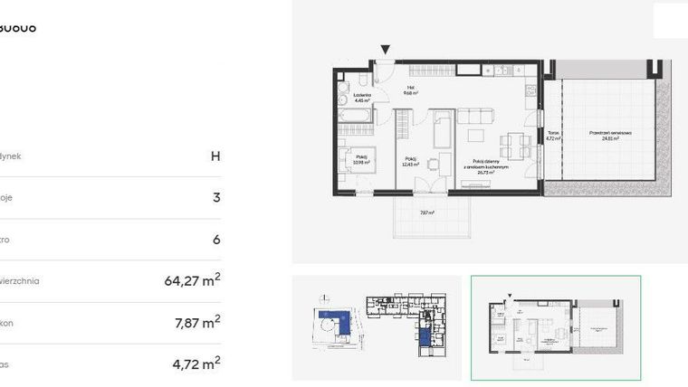 Rzut - Mieszkanie na sprzedaż 3 pokoje o powierzchni 64,27 m² - numer HB0606 w Holm House 5