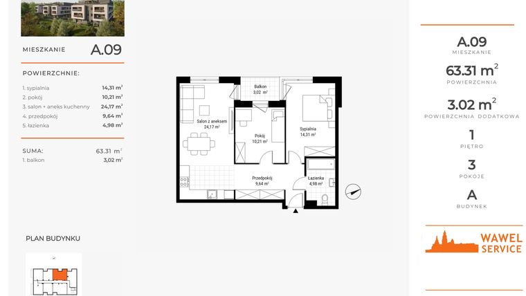 Rzut - Mieszkanie na sprzedaż 3 pokoje o powierzchni 63,31 m² - numer A.09 w Nowa Namiarkowa