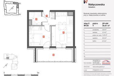 Rzut - Mieszkanie na sprzedaż 2 pokoje o powierzchni 30,61 m² - numer M-126 w Nałęczowska etap II