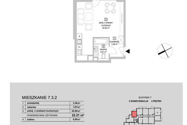Rzut - Mieszkanie na sprzedaż 1 pokój o powierzchni 32,21 m² - numer 7.3.2 w Osiedle Przyjemne IV
