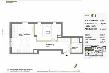 Rzut - Mieszkanie na sprzedaż 2 pokoje o powierzchni 40,72 m² - numer M12 w Międzylesie przy lesie