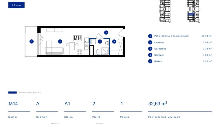 Rzut - Mieszkanie na sprzedaż 1 pokój o powierzchni 32,63 m² - numer 14A w Przy Bursztynowej
