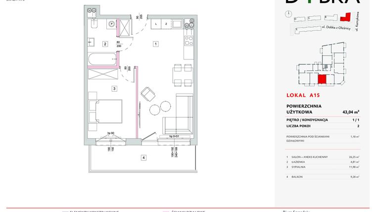 Rzut - Mieszkanie na sprzedaż 2 pokoje o powierzchni 43,04 m² - numer A15 w Dobka