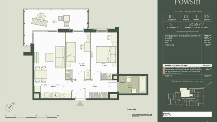 Rzut - Mieszkanie na sprzedaż 3 pokoje o powierzchni 52,58 m² - numer B4/59 w Onelife Powsin