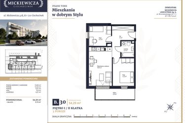 Rzut - Mieszkanie na sprzedaż 3 pokoje o powierzchni 54,29 m² - numer B30 w Mickiewicza