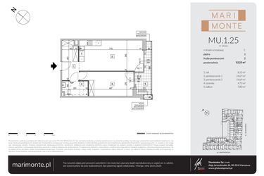 Rzut - Mieszkanie na sprzedaż 2 pokoje o powierzchni 52,23 m² - numer MU.1.25 w Marimonte - apartamenty inwestycyjne