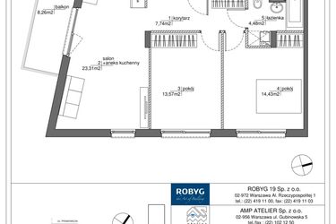 Rzut - Mieszkanie na sprzedaż 3 pokoje o powierzchni 63,45 m² - numer RM/1A/A/2/7 w Rytm Mokotowa - etap 1A