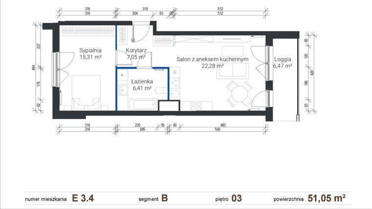 Rzut - Mieszkanie na sprzedaż 2 pokoje o powierzchni 51,05 m² - numer E 3.4 w Nowe Zabłocie