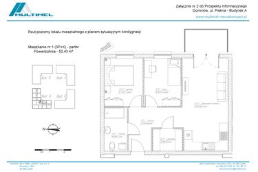 Rzut - Mieszkanie na sprzedaż 3 pokoje o powierzchni 52,43 m² - numer 1A w Dominów Rynek