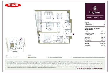 Rzut - Mieszkanie na sprzedaż 3 pokoje o powierzchni 66,37 m² - numer 6 w Dajwór