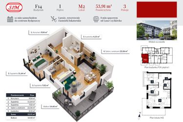 Rzut - Mieszkanie na sprzedaż 3 pokoje o powierzchni 53,91 m² - numer 2 w Tęczowy Zakątek F-14