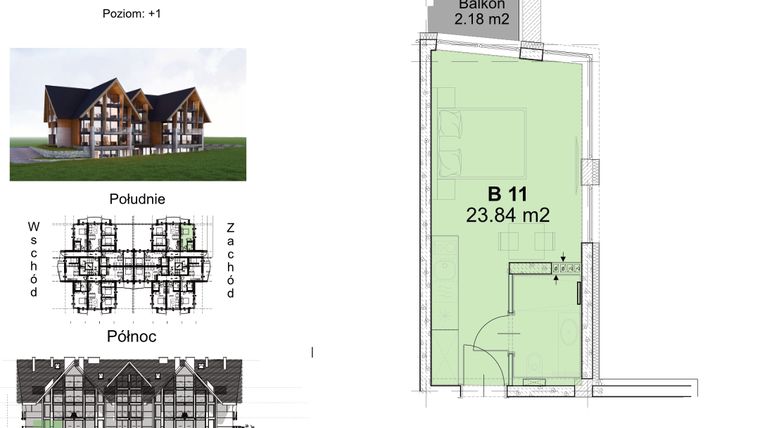 Rzut - Mieszkanie na sprzedaż 1 pokój o powierzchni 23,84 m² - numer B11 w Góralski Resort