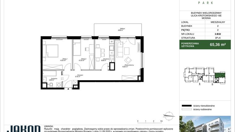Rzut - Mieszkanie na sprzedaż 3 pokoje o powierzchni 65,36 m² - numer 2.B32 w Mosina Park