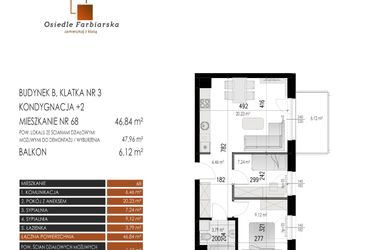 Rzut - Mieszkanie na sprzedaż 3 pokoje o powierzchni 46,84 m² - numer B.68 w Osiedle Farbiarska II