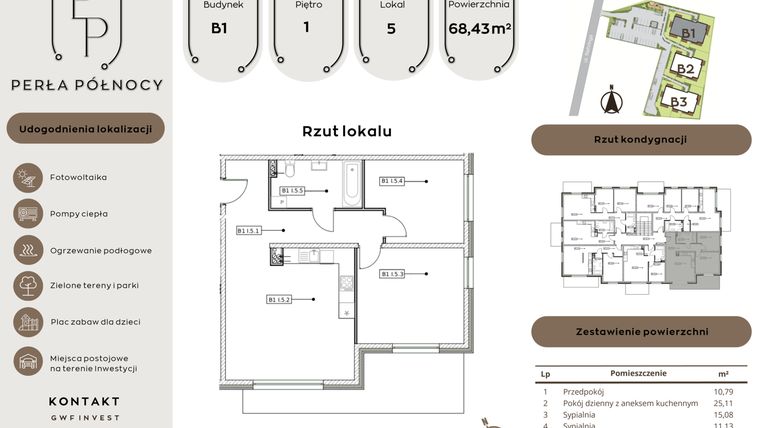 Rzut - Mieszkanie na sprzedaż 3 pokoje o powierzchni 68,43 m² - numer B1.1_5 w Perła Północy etap 2