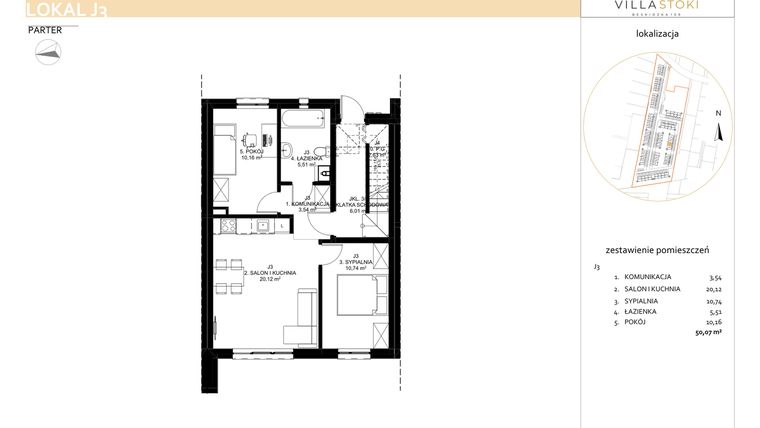 Rzut - Mieszkanie na sprzedaż 3 pokoje o powierzchni 50,07 m² - numer J3 w Villa Stoki (mieszkania)