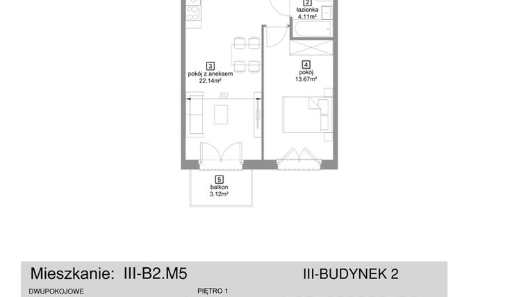 Rzut - Mieszkanie na sprzedaż 2 pokoje o powierzchni 44,9 m² - numer III-B2.M5 w Strefa Cegielnia 3
