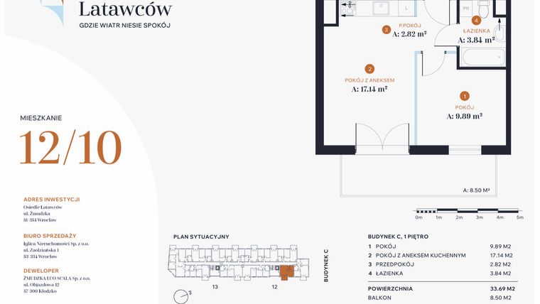 Rzut - Mieszkanie na sprzedaż 2 pokoje o powierzchni 33,69 m² - numer C12-10 w Osiedle Latawców