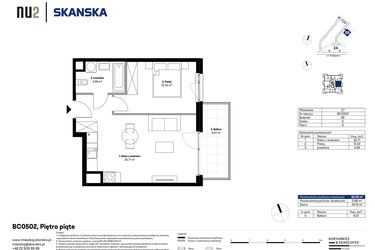 Rzut - Mieszkanie na sprzedaż 2 pokoje o powierzchni 42,29 m² - numer BC0502 w NU2 Warszawa Wola
