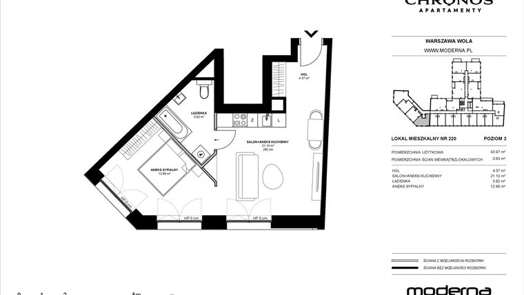 Rzut - Mieszkanie na sprzedaż 2 pokoje o powierzchni 43,97 m² - numer 220 w Chronos etap II