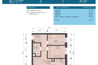 Rzut - Mieszkanie na sprzedaż 3 pokoje o powierzchni 50,75 m² - numer A09 w Apartamenty Aqua Marina