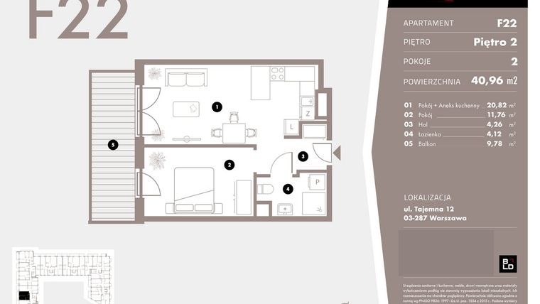 Rzut - Mieszkanie na sprzedaż 2 pokoje o powierzchni 40,99 m² - numer F22 w Livo