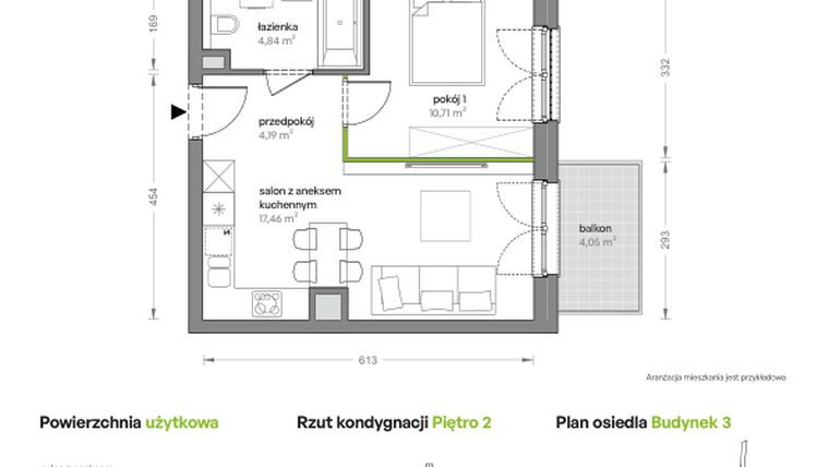 Rzut - Mieszkanie na sprzedaż 2 pokoje o powierzchni 37,2 m² - numer B3/B/18 w Ceglana Park
