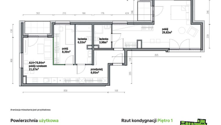 Rzut - Mieszkanie na sprzedaż 3 pokoje o powierzchni 76,84 m² - numer A14 w Traugutta Vita