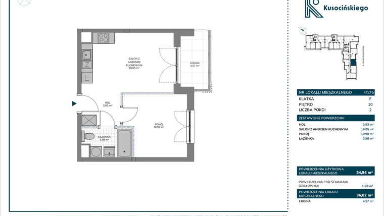 Rzut - Mieszkanie na sprzedaż 1 pokój o powierzchni 36,02 m² - numer F/175 w Kusocińskiego - Budynek B