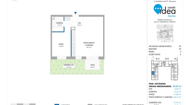 Rzut - Mieszkanie na sprzedaż 2 pokoje o powierzchni 49,33 m² - numer 5.4A w Osiedle Idea Aurora