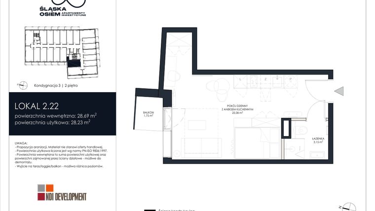 Rzut - Mieszkanie na sprzedaż 1 pokój o powierzchni 28,69 m² - numer 2.22 w Śląska Osiem