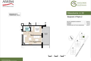 Rzut - Mieszkanie na sprzedaż 2 pokoje o powierzchni 35,05 m² - numer A20 w Wzgórze Gustawa