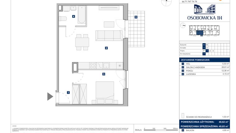 Rzut - Mieszkanie na sprzedaż 2 pokoje o powierzchni 49,65 m² - numer A.7 w Osobowicka 114