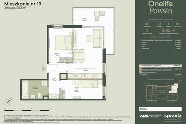 Rzut - Mieszkanie na sprzedaż 3 pokoje o powierzchni 51,52 m² - numer B2/19 w Onelife Powsin