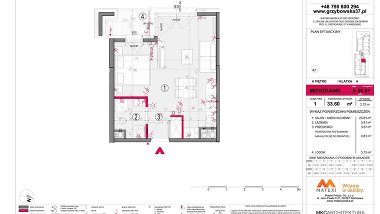 Rzut - Mieszkanie na sprzedaż 1 pokój o powierzchni 33,6 m² - numer A.06.01 w Grzybowska 37
