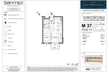 Rzut - Mieszkanie na sprzedaż 2 pokoje o powierzchni 44,05 m² - numer 37 w Nowa Reformacka