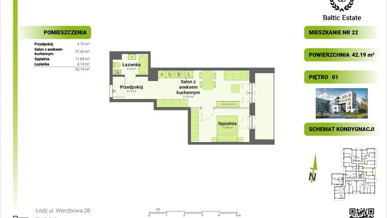 Rzut - Mieszkanie na sprzedaż 2 pokoje o powierzchni 42,19 m² - numer 01.M.22 w Dom Architekta